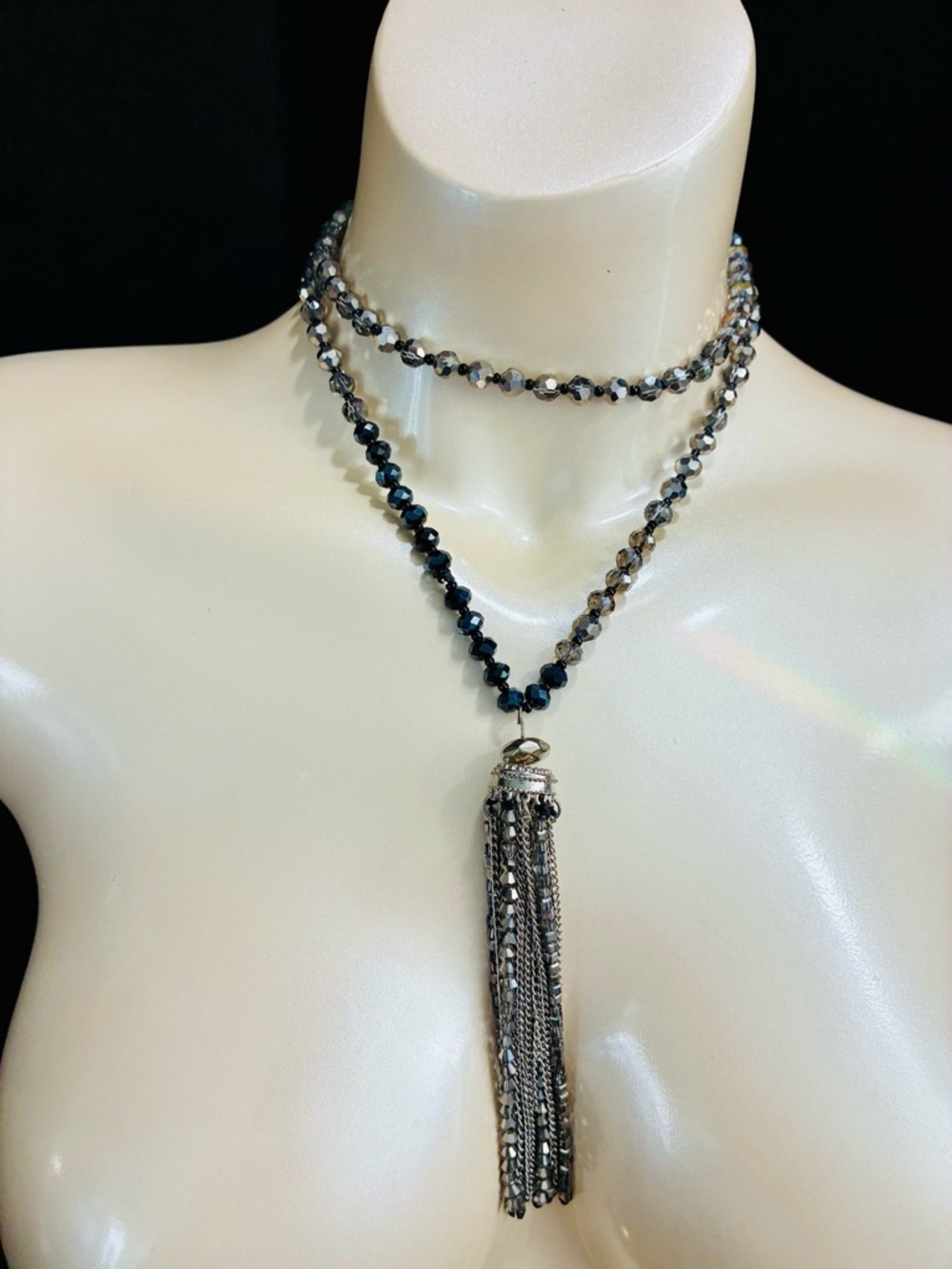 Murano Black and Silver Bead Necklace with Silver Tassel - Picture 8 of 13